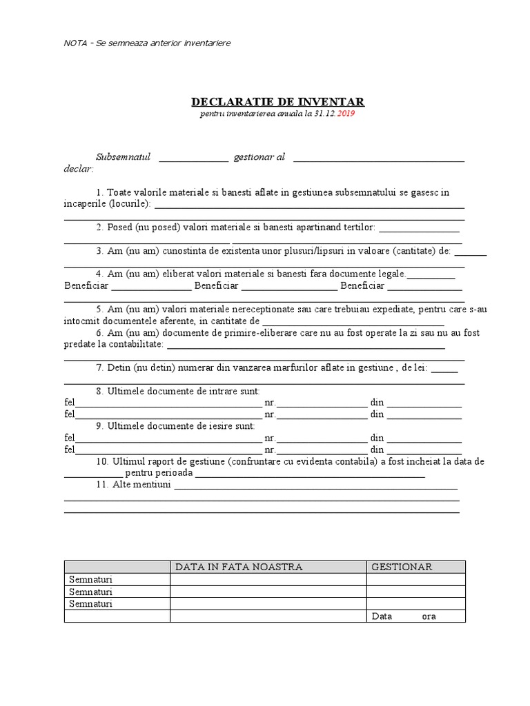3.declaratie de Inventar Gestionar Inainte de Inv. | PDF