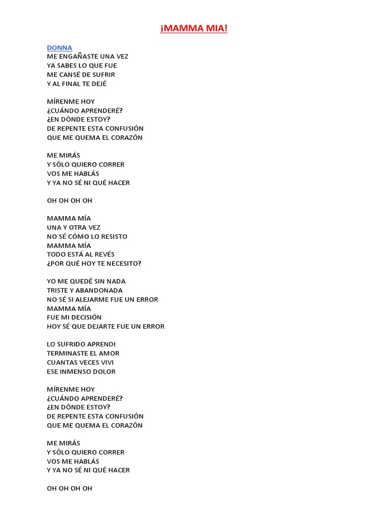 Mamma Mia Letra PDF
