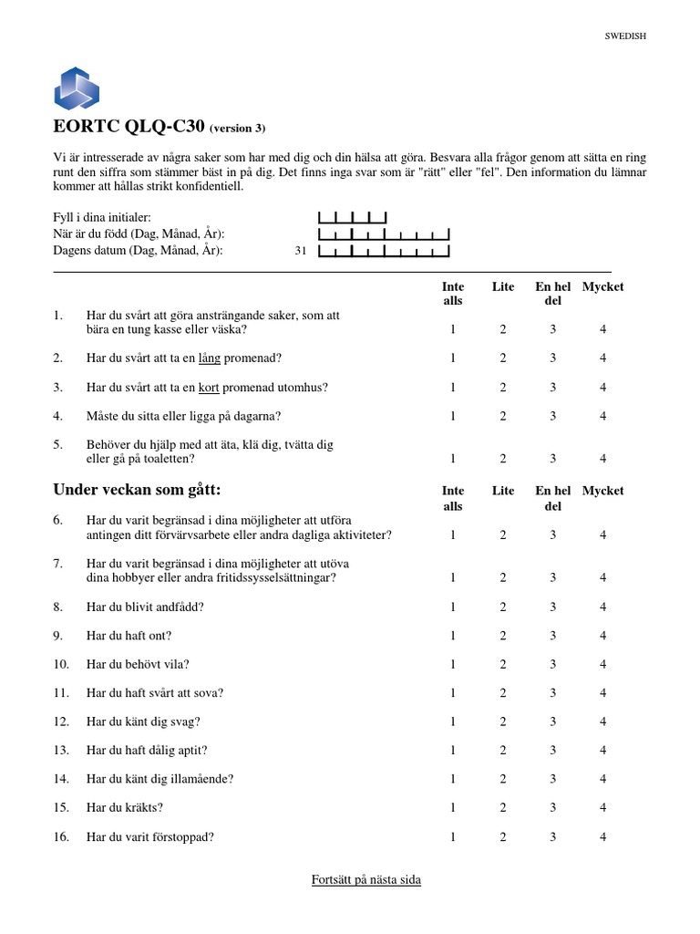 QLQ-C30 Swedish - Sweden | PDF