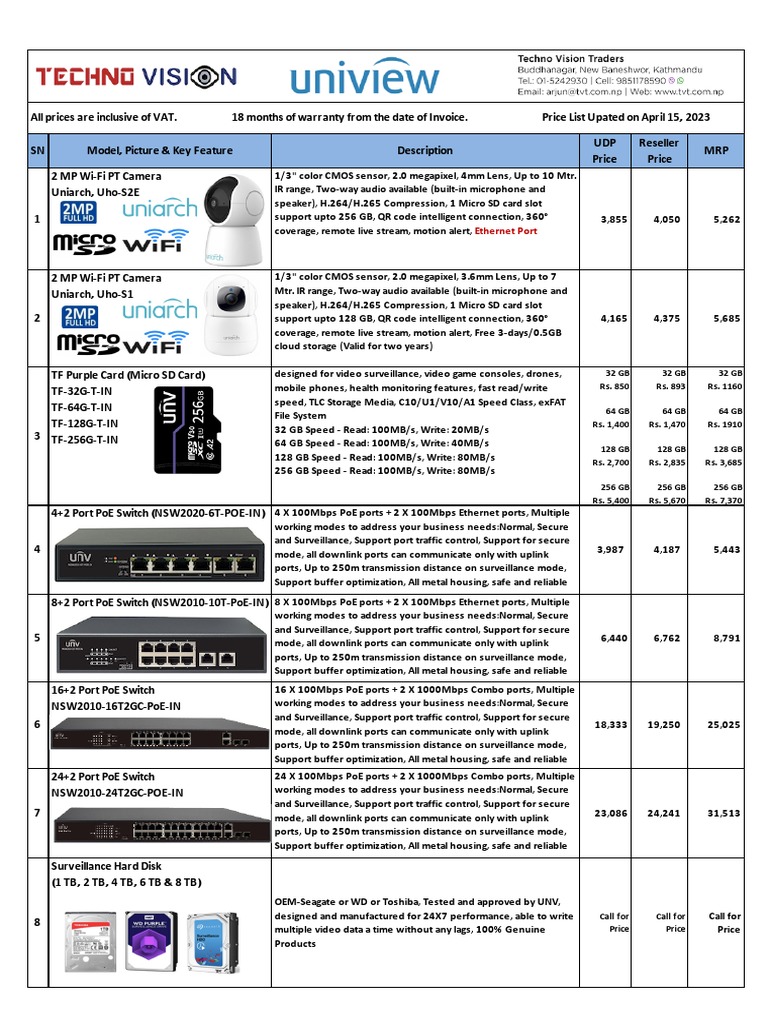 UNV CCTV Products Price List 2023 | PDF | Hdmi | Usb