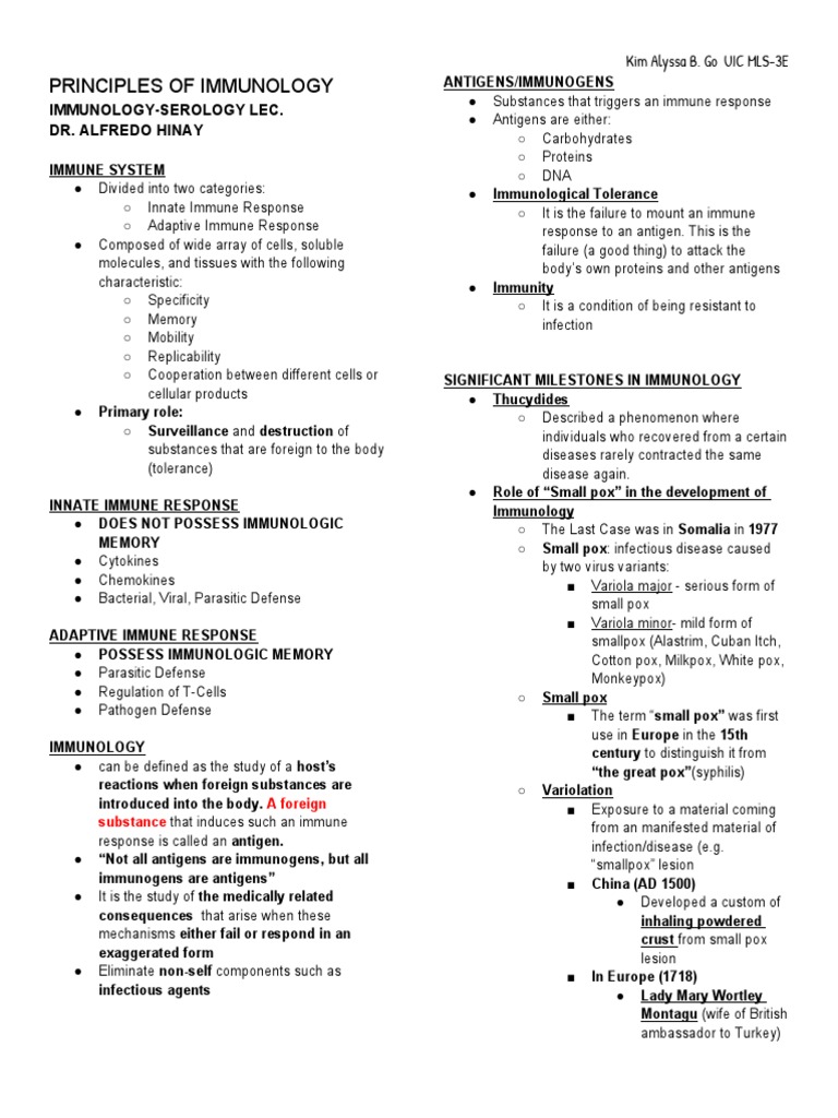 Principles of Immunology Overview | PDF | Immune System | Immunity ...