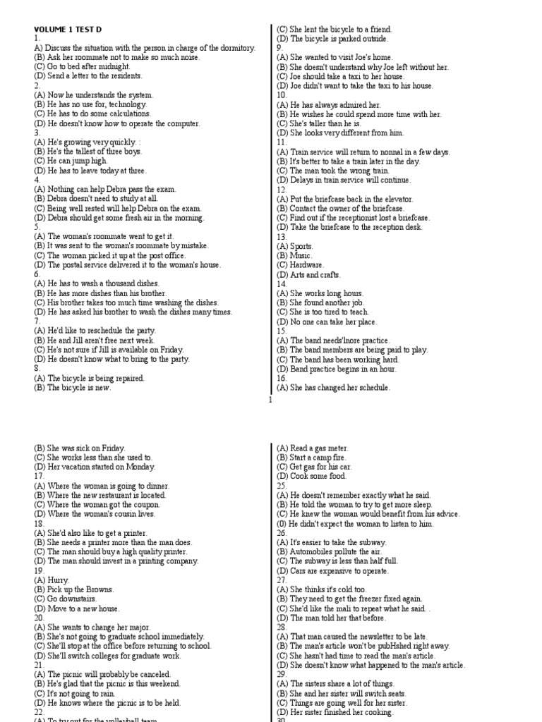 Volume 1 Practice Test D Questions | PDF