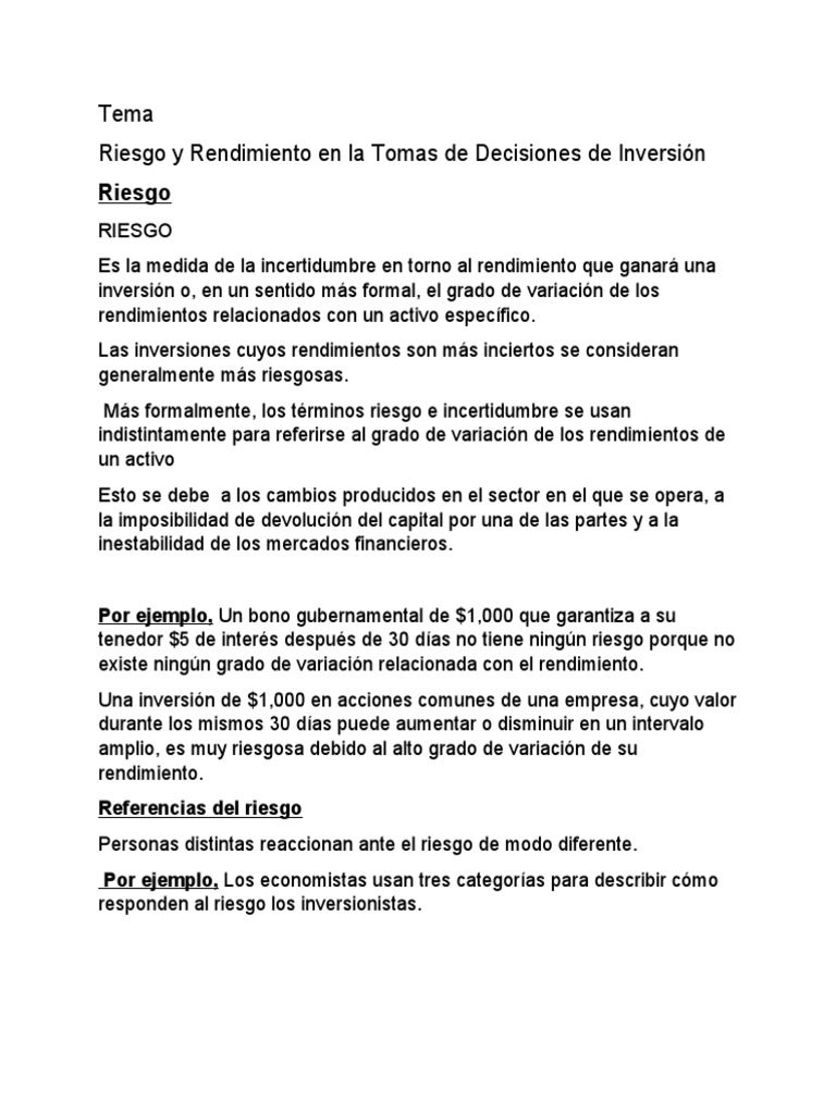 Riesgo y Rendimiento en Inversiones | PDF | Desviación Estándar ...