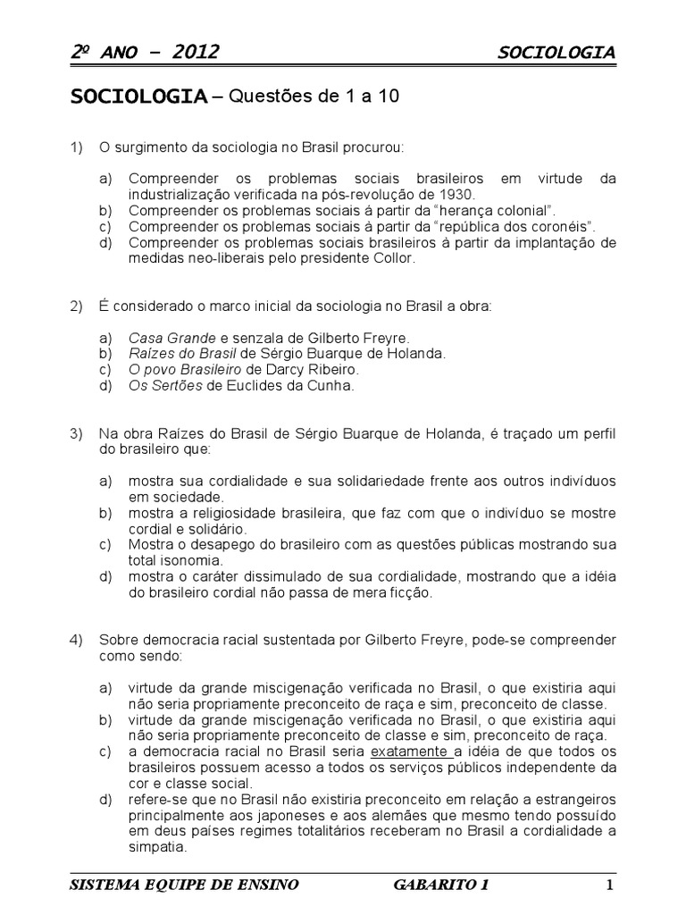 Questões de Sociologia Brasileira ENEM | PDF | Brasil | Sociologia