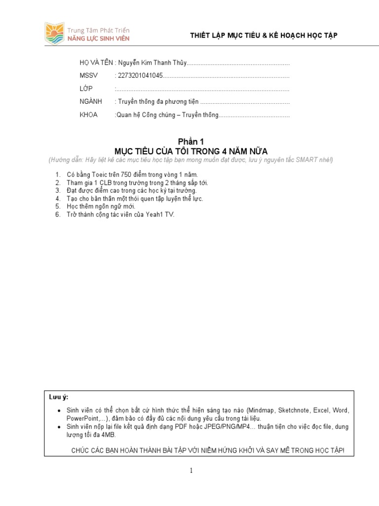 Btcn1 thiet lap muc tieu va ke hoach hoc tap msssv h t n pdf