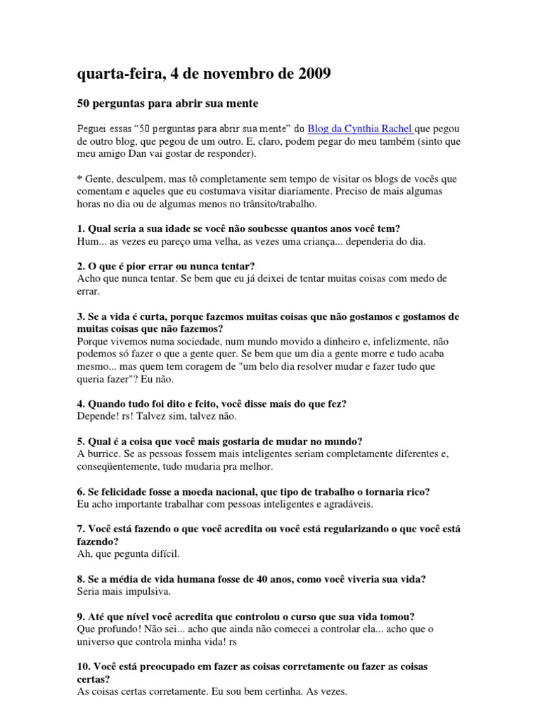 50 Perguntas para Refletir sobre a Vida | PDF | Amor | Vida