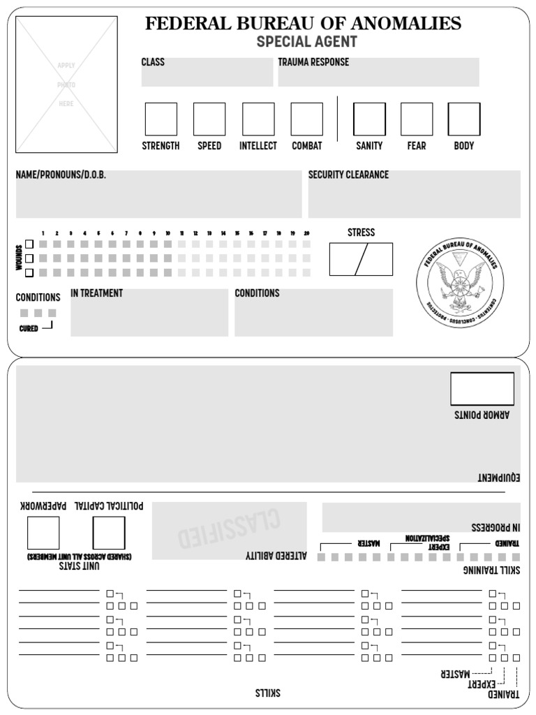 Anomalous Investigations Character Sheets PDF Role Playing Games