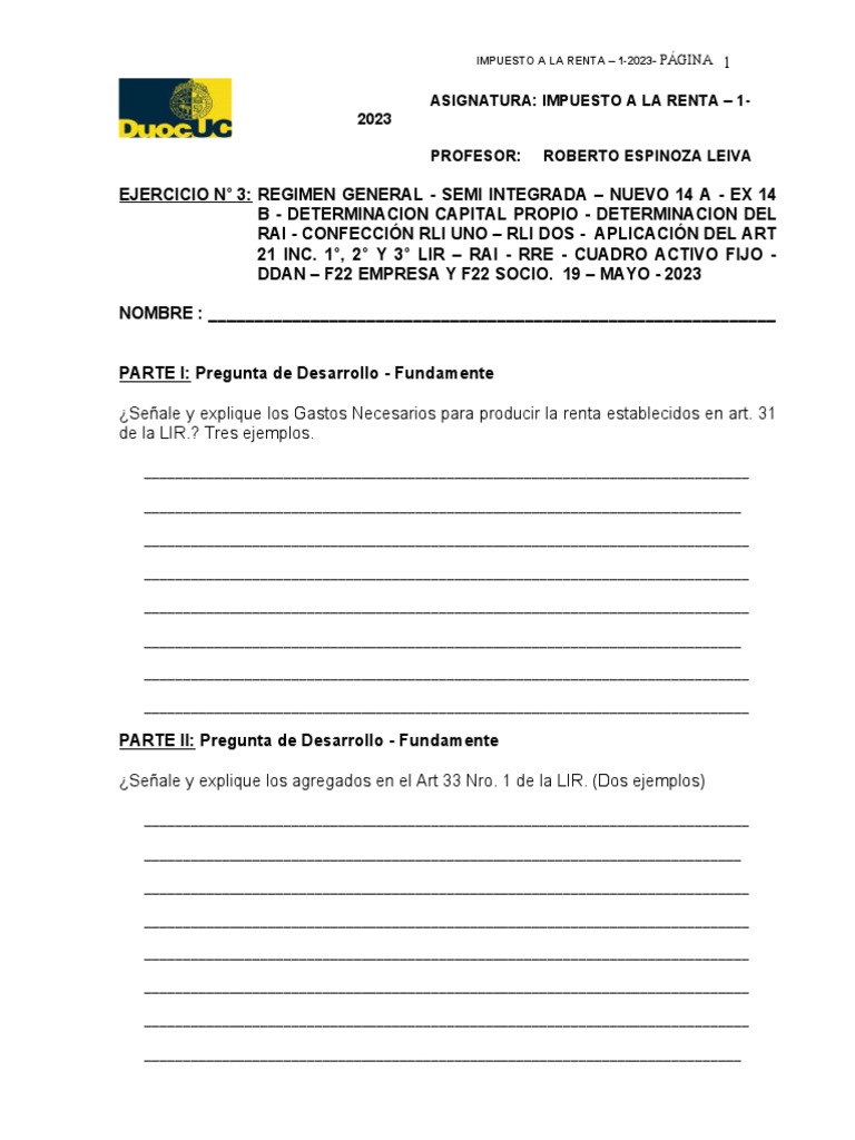 Ejercicio Impuesto a la Renta 2023 | PDF | Depreciación | Impuesto ...
