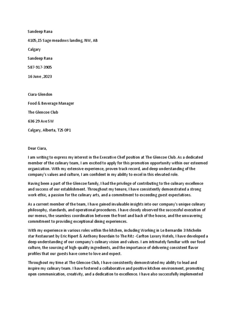 Executive Chef Cover Letter PDF