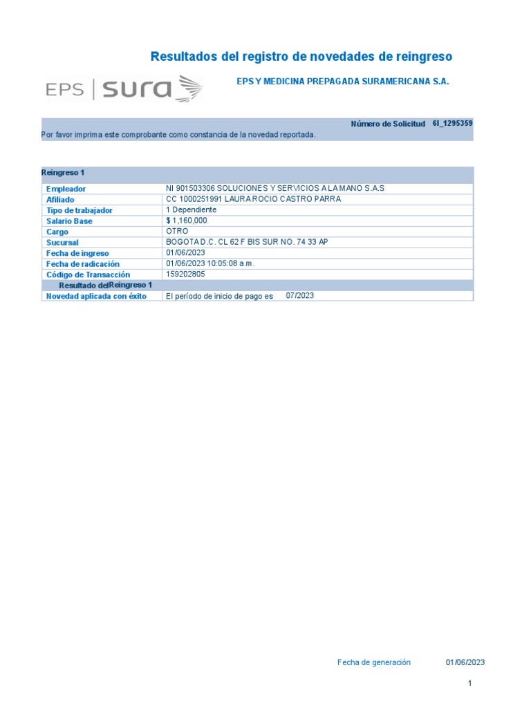 Certificado de Reingreso EPS Sura | PDF