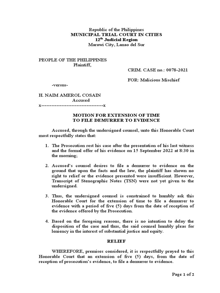 Motion for Extension to File Demurrer to Evidence PDF Prosecutor