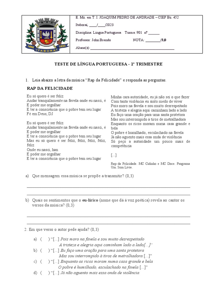 Teste de Língua Portuguesa | PDF | Pronome | Linguística