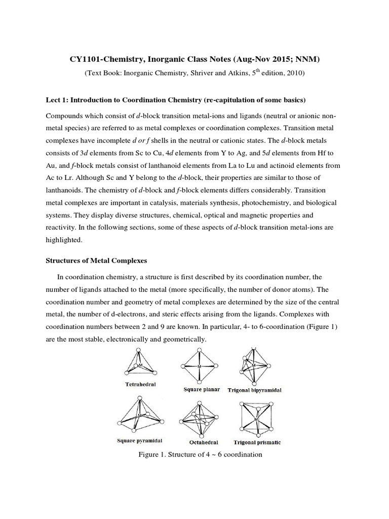 CY1001-2015 Inorganic Lecture Notes | PDF | Coordination Complex | Ligand