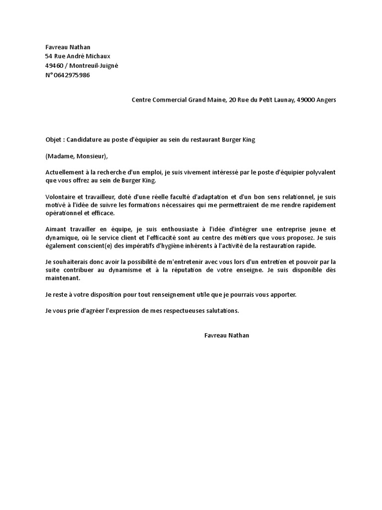 Lettre de Motivation Burger King PDF