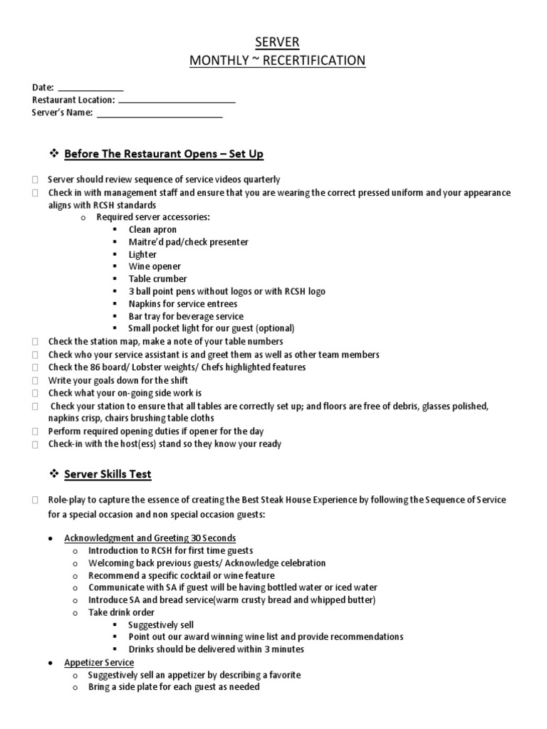 Server Recertification Checklist | PDF | Waiting Staff | Entrée