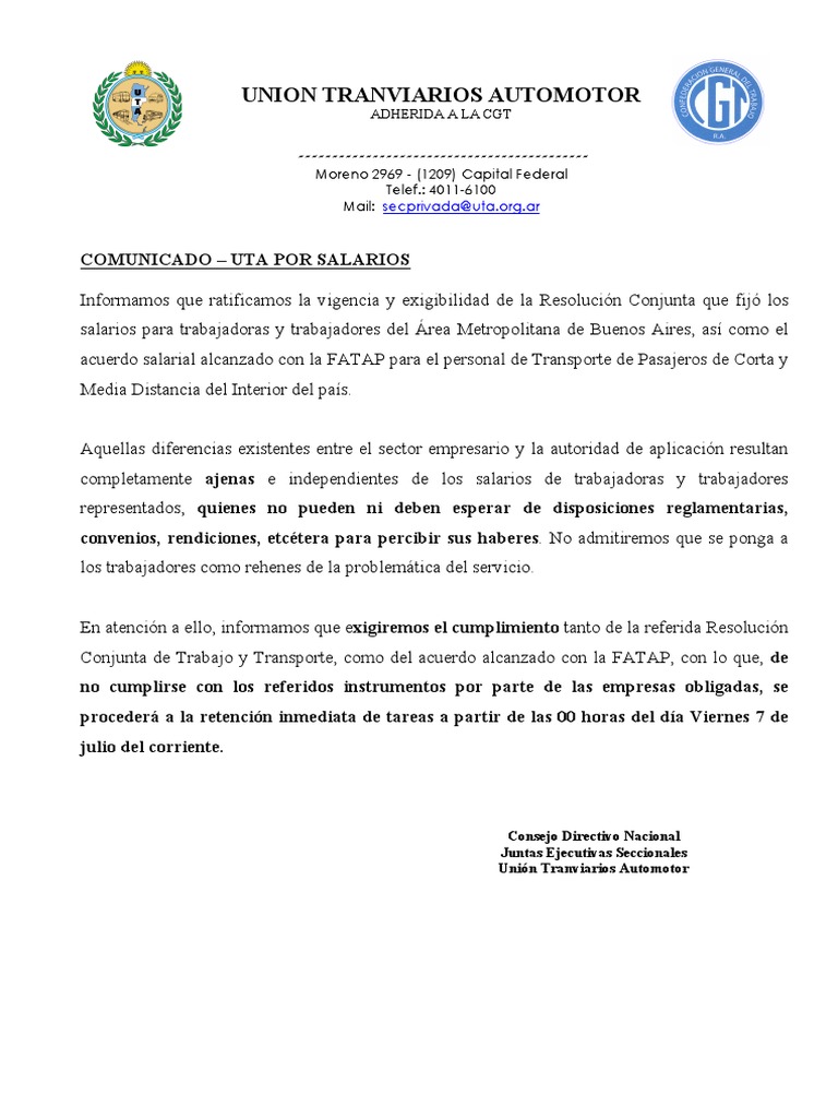 La UTA Lanzó Un Paro de Colectivos en Todo El País para Este Viernes | PDF