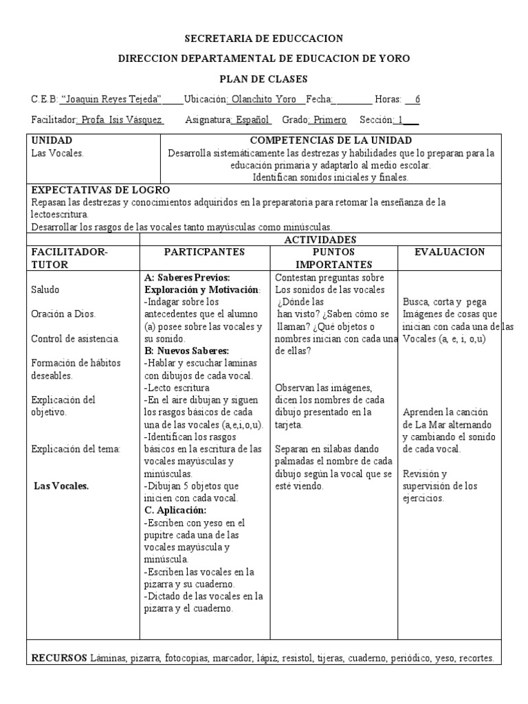 Plan de Clases de Español para Primer Grado | PDF | Comprensión lectora ...