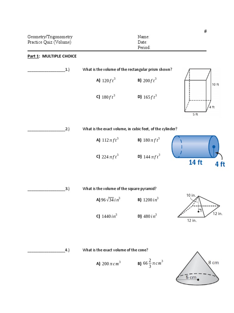 Volume Quiz for Geometry Unit 11 | PDF | Volume | Geometry