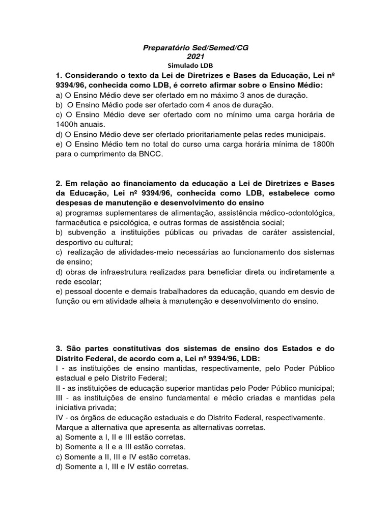 Simulado LDB com Gabarito 2021 | PDF