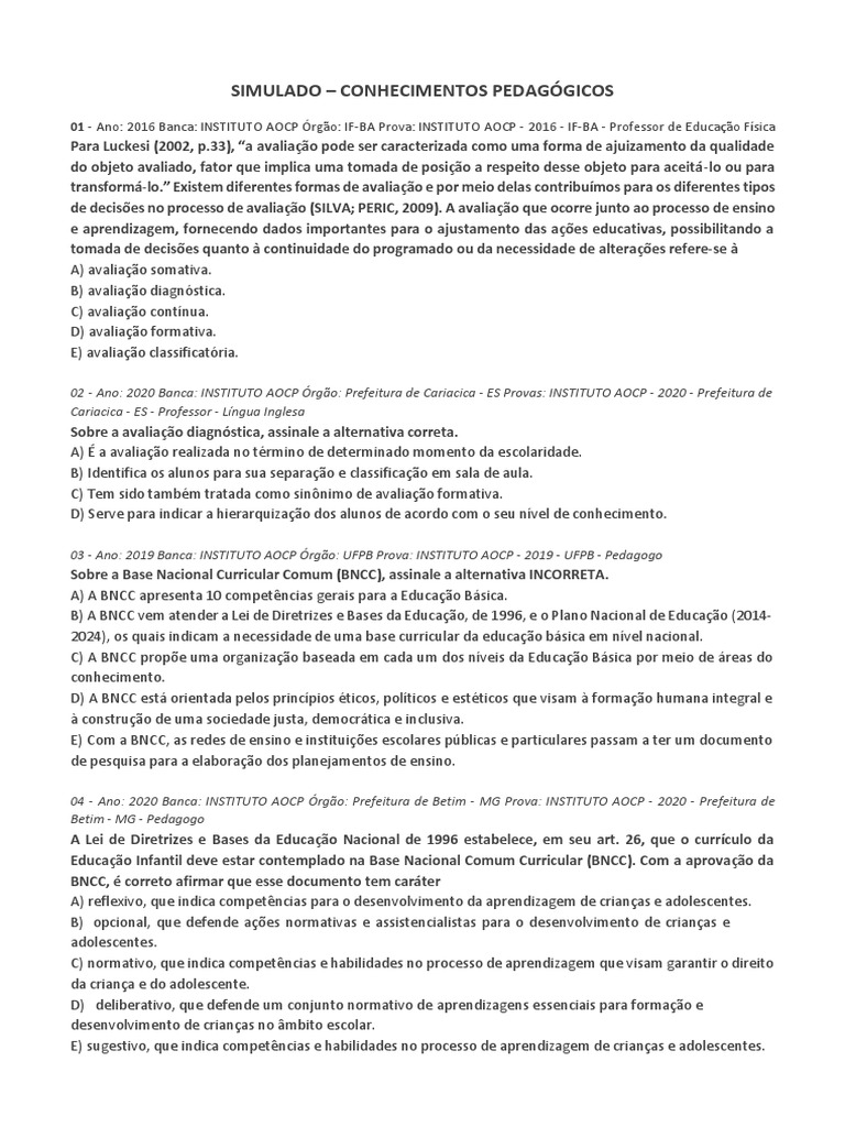Simulado de Pedagogia com Gabarito | PDF | Pedagogia | Aprendizado