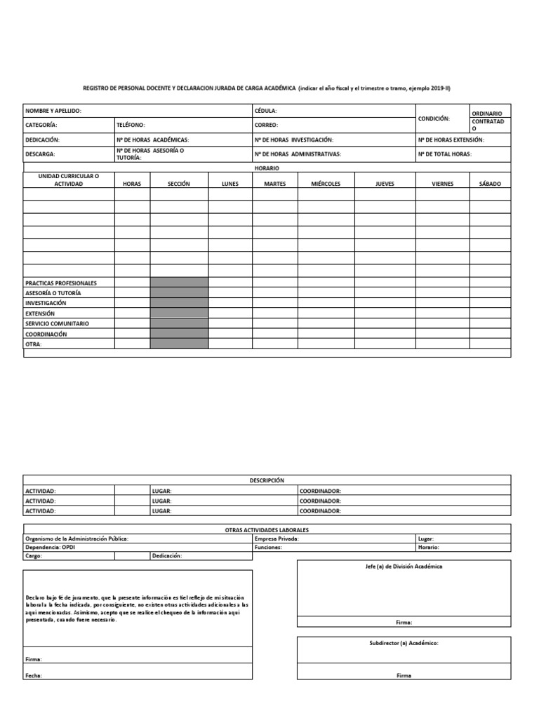 Registro de Personal Docente y Declaracion Jurada de Carga Académic | PDF