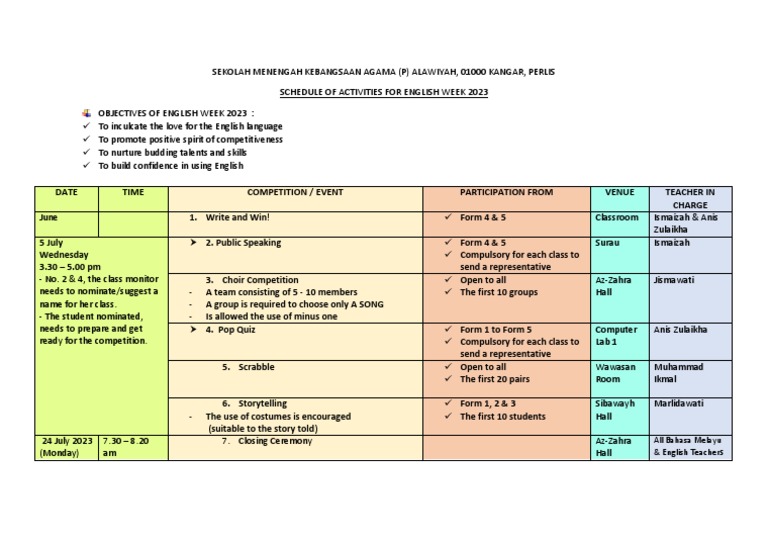 English Week 2023 Activity Schedule | PDF
