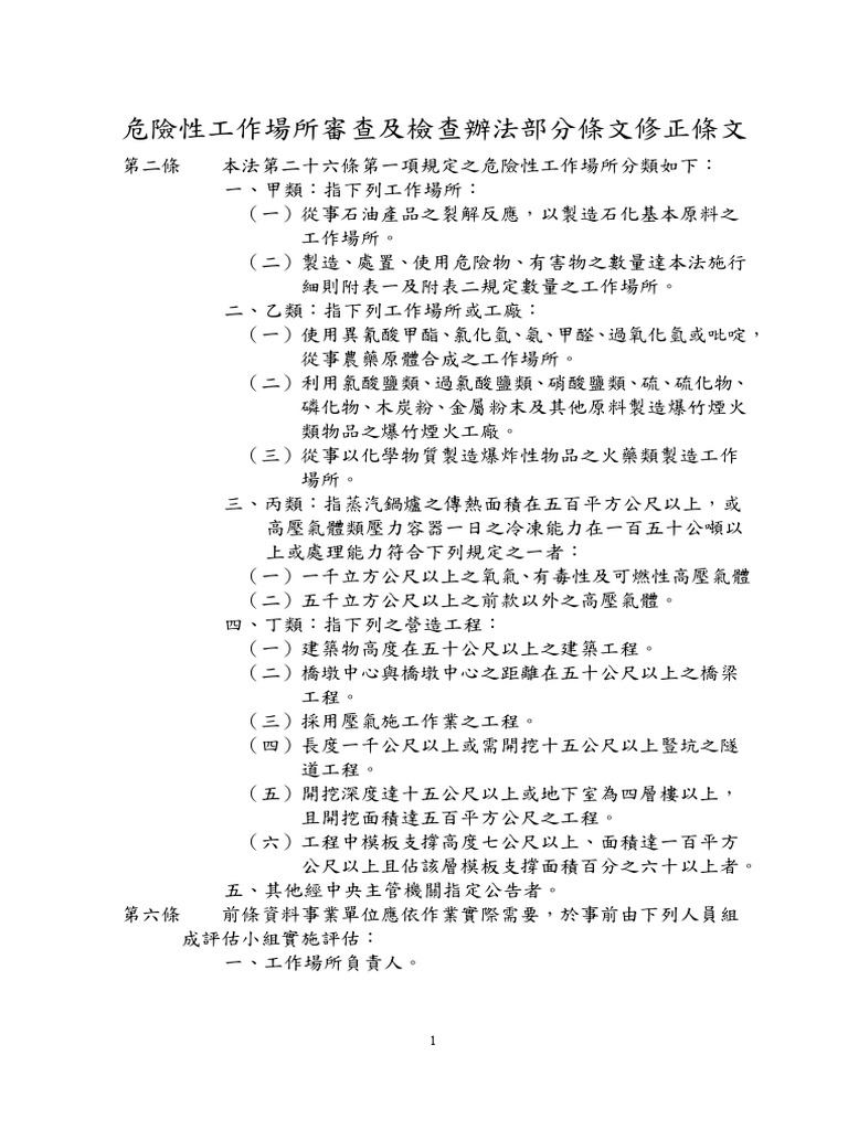 危險性工作場所審查及檢查辦法部分條文修正條文 | PDF