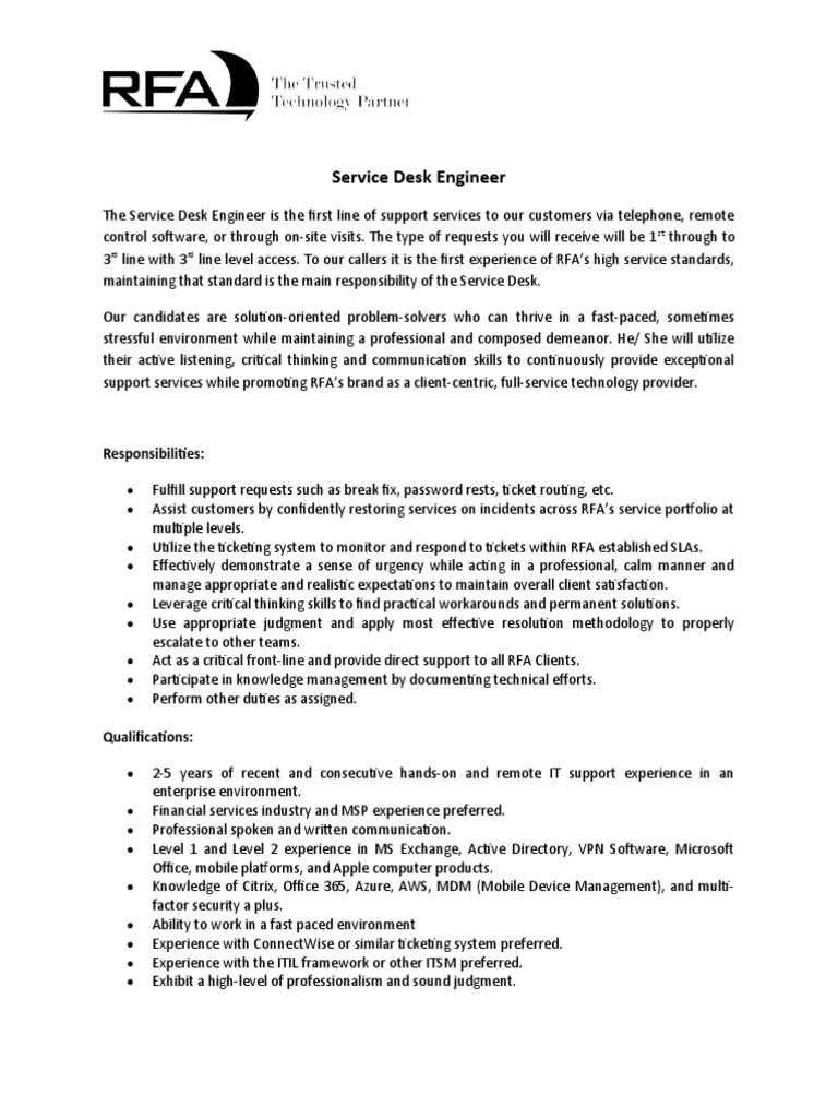 Service Desk Engineer 2019 PDF It Service Management Information And Communications Technology