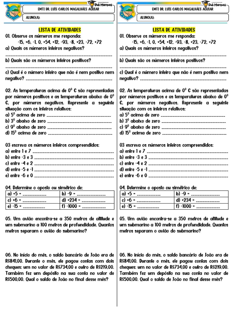 Atividades sobre Números Inteiros | PDF | Números | Matemática elementar