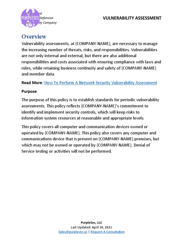 Cybersecurity Vulnerability Assessment Policy | PDF | Information ...