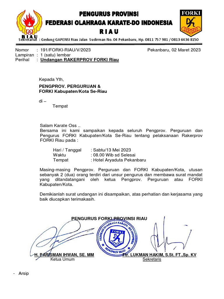 Undangan RAKERPROV FORKI Riau 2023 | PDF