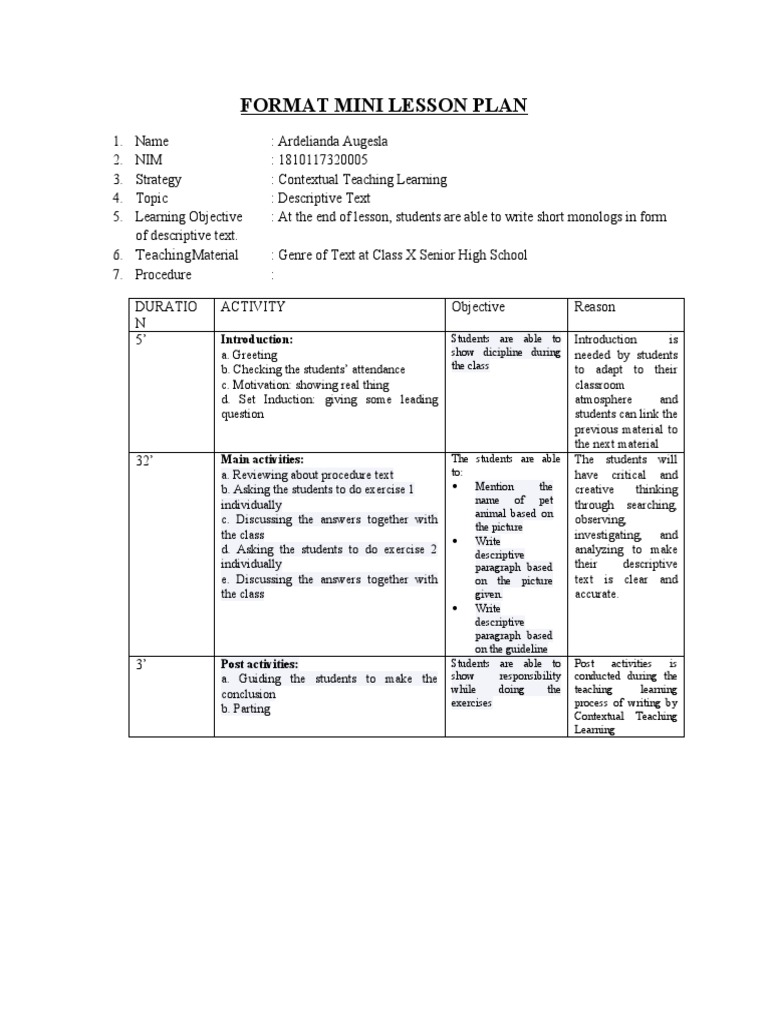 Format Mini Lesson Plan PDF Lesson Plan Cognition