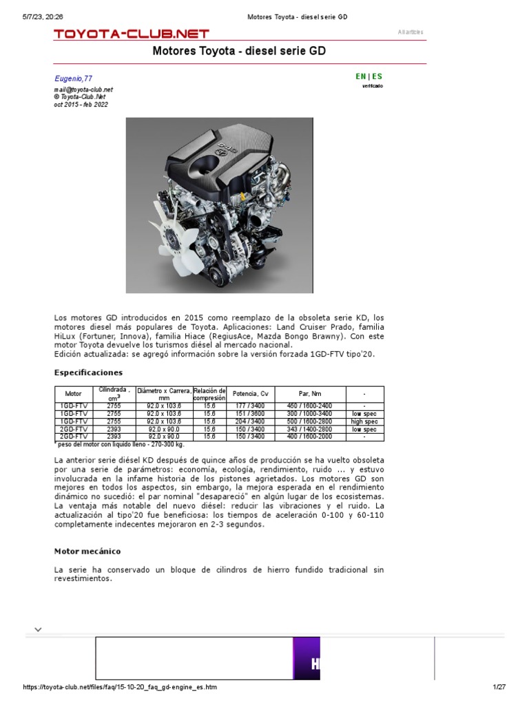 Especificaciones Motores Toyota GD Diesel | PDF | Inyección de ...