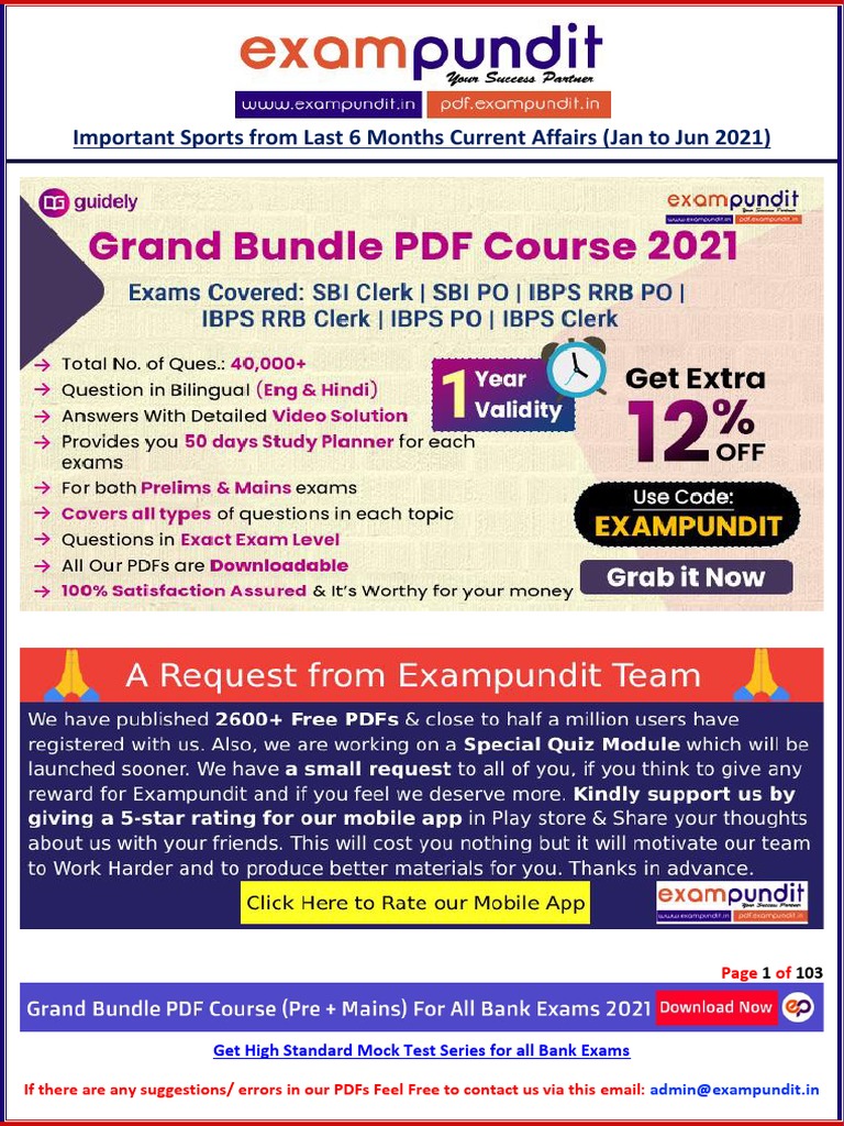 Last Six Months Important Sports Current Affairs PDF Download Free