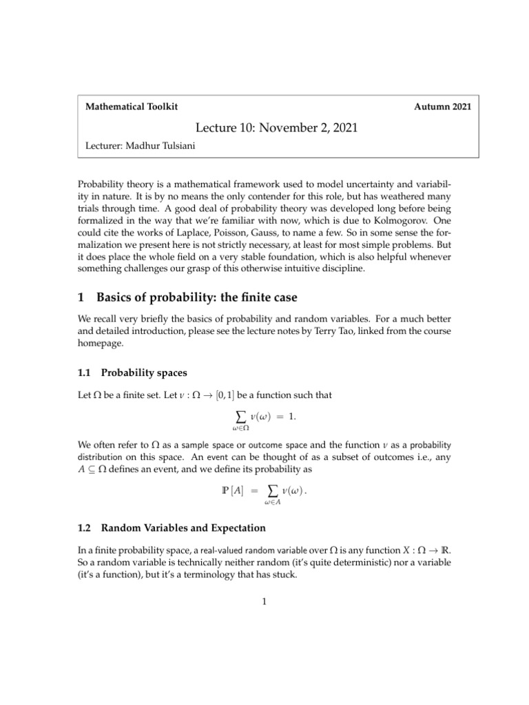 Lecture 10 november 2 2021 1 basics of probability the finite case