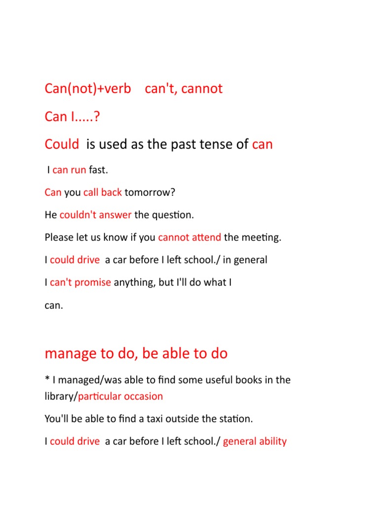 Can (Not) +verb Can't, Cannot Can I..... ? Could Can Is Used As The