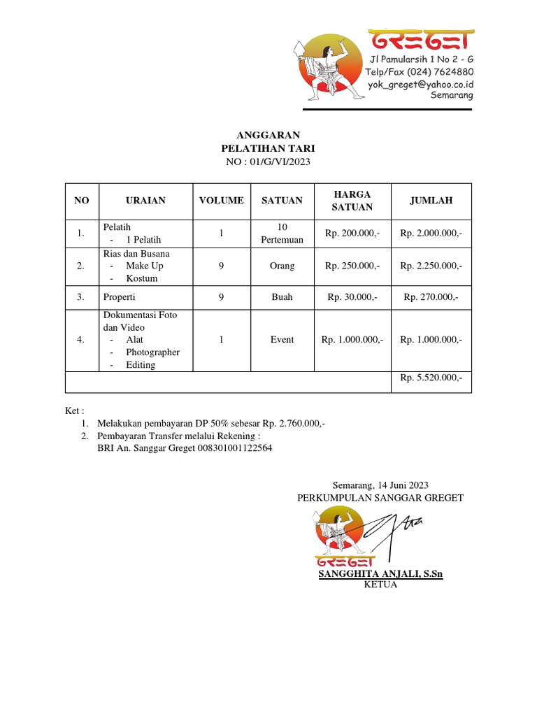 Anggaran Pelatihan Tari Sanggar Greget | PDF