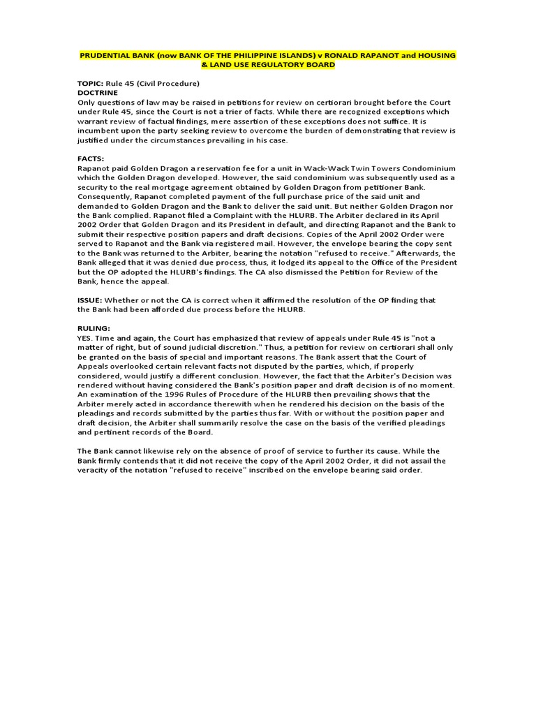 Prudential Bank v Rapanot: Due Process Ruling | PDF | Arbitration ...