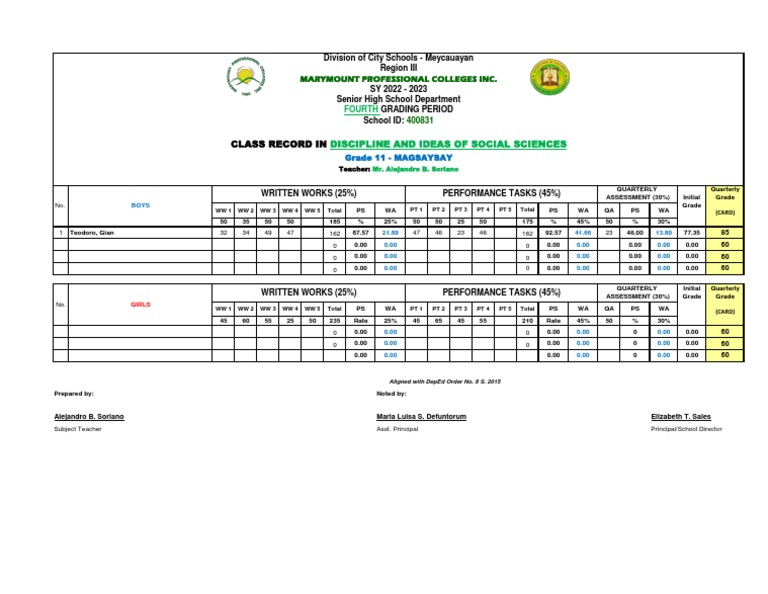 Grading Sheet For Shs