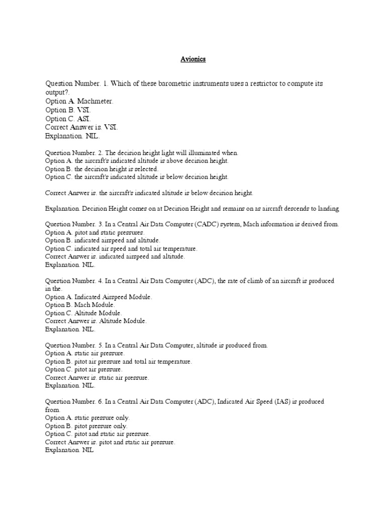 Avionics Subjective and Objective Questions PDF Airspeed Direct