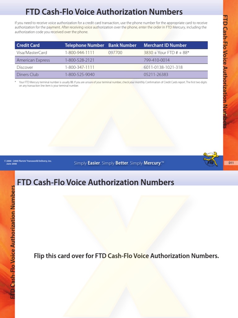 D11 FTD Cash-Flo Voice Authorization Numbers | PDF