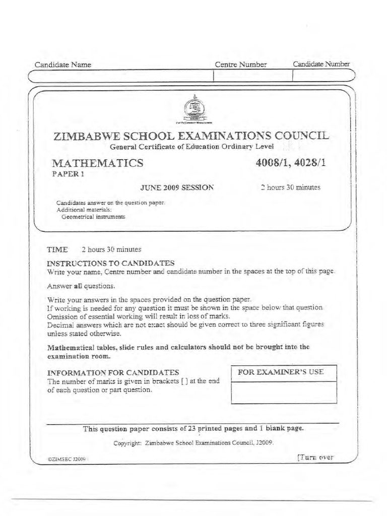 O-Levels Mathematics 2009 | PDF