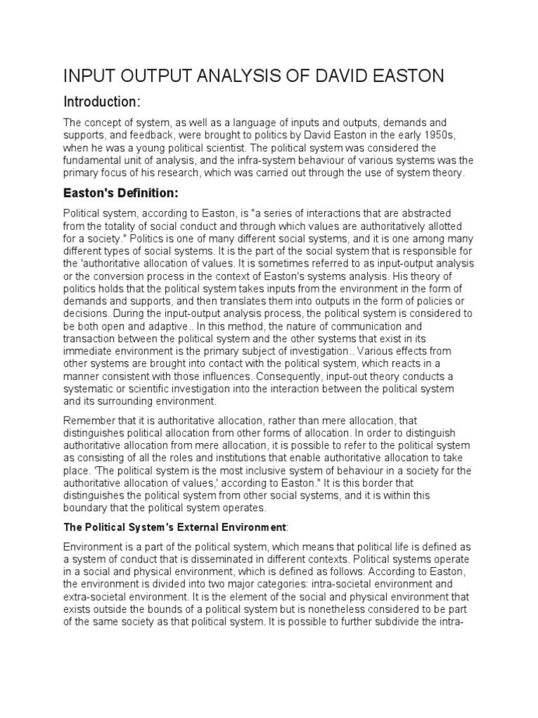 INPUT OUTPUT ANALYSIS OF DAVID EASTON | PDF | System | Input–Output Model