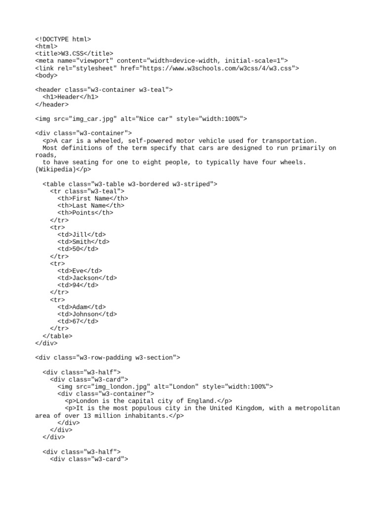 W3.CSS Example with Car and London | PDF