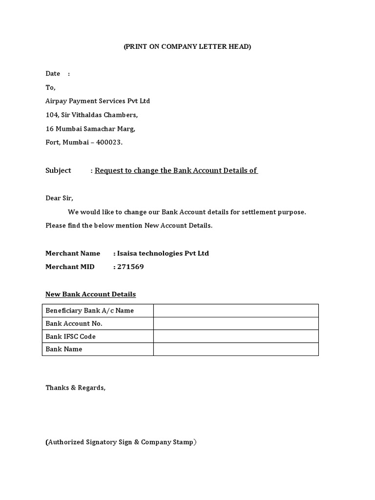 Change of Bank Details PDF