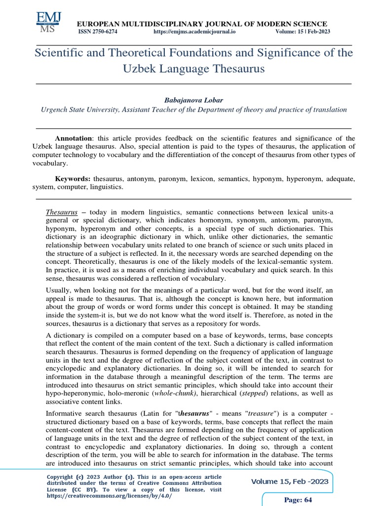 Scientific and Theoretical Foundations and Significance of the Uzbek Language Thesaurus PDF