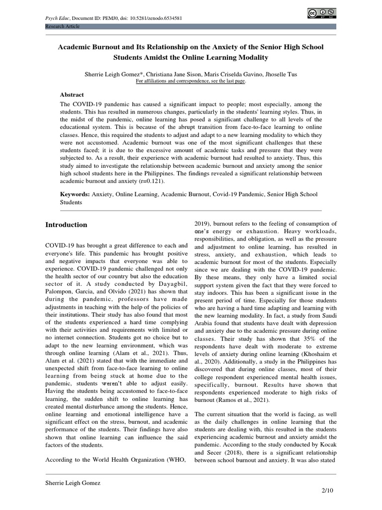 Academic Burnout and Anxiety in Students | PDF | Occupational Burnout ...