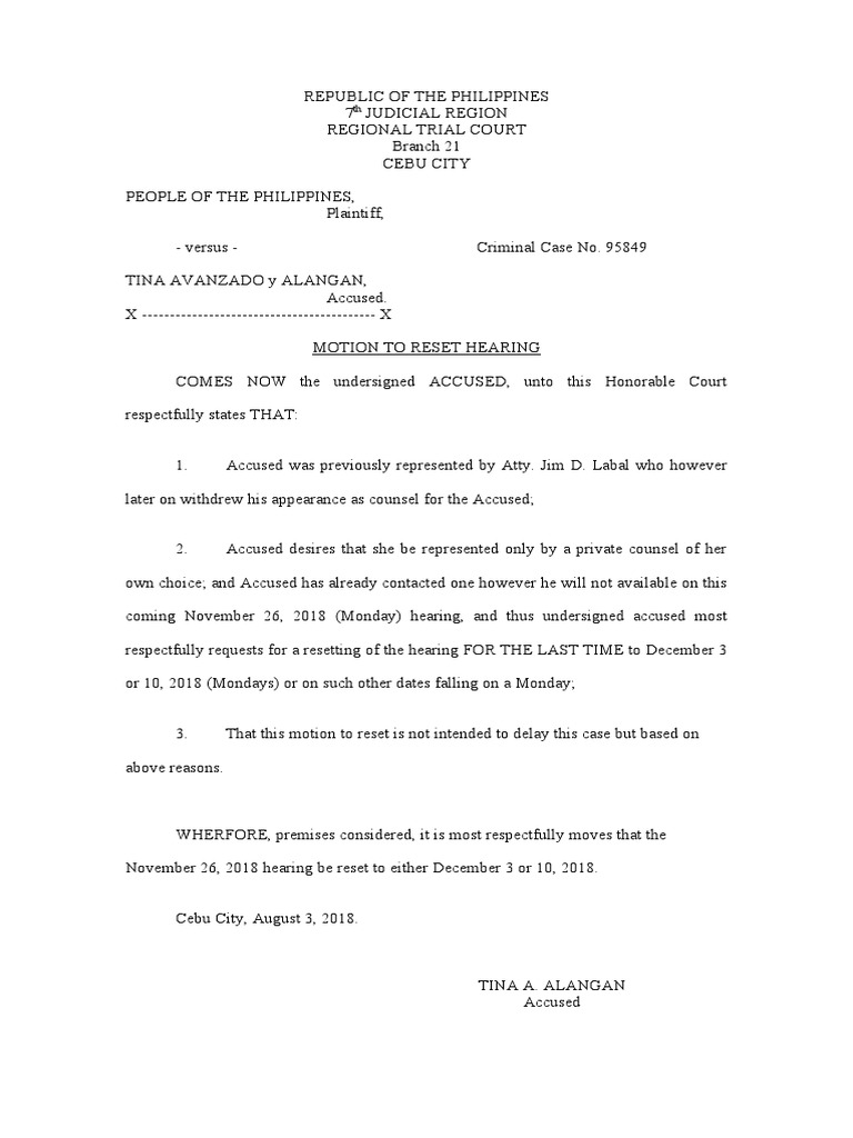 Motion To Reset Hearing PDF