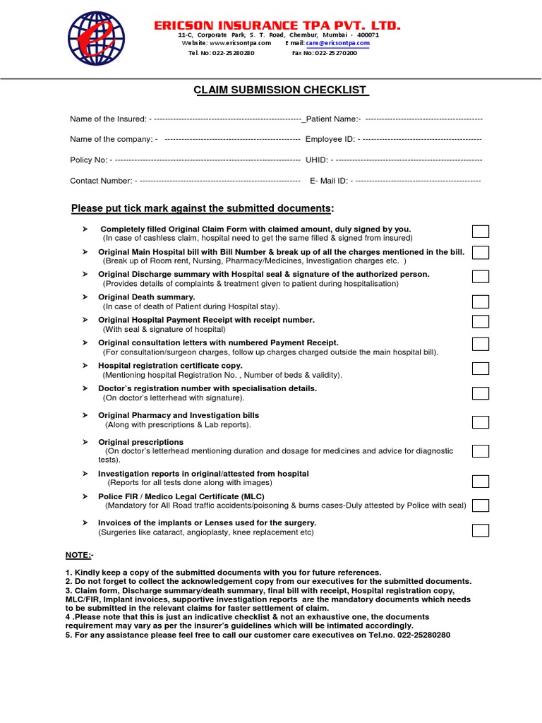 2 ERICSON TPA Claim Checklist PDF Hospital Receipt
