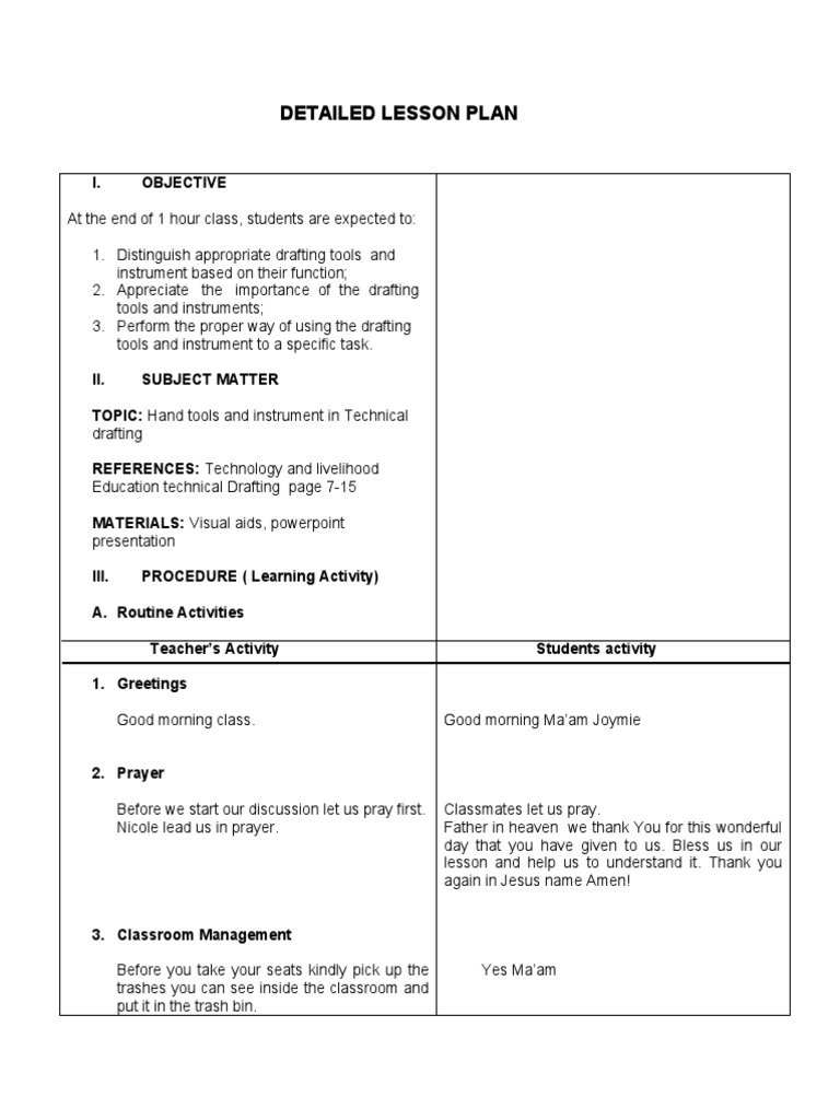 Detailed Lesson Plan. Drafting Final Demo PDF Drawing Technical